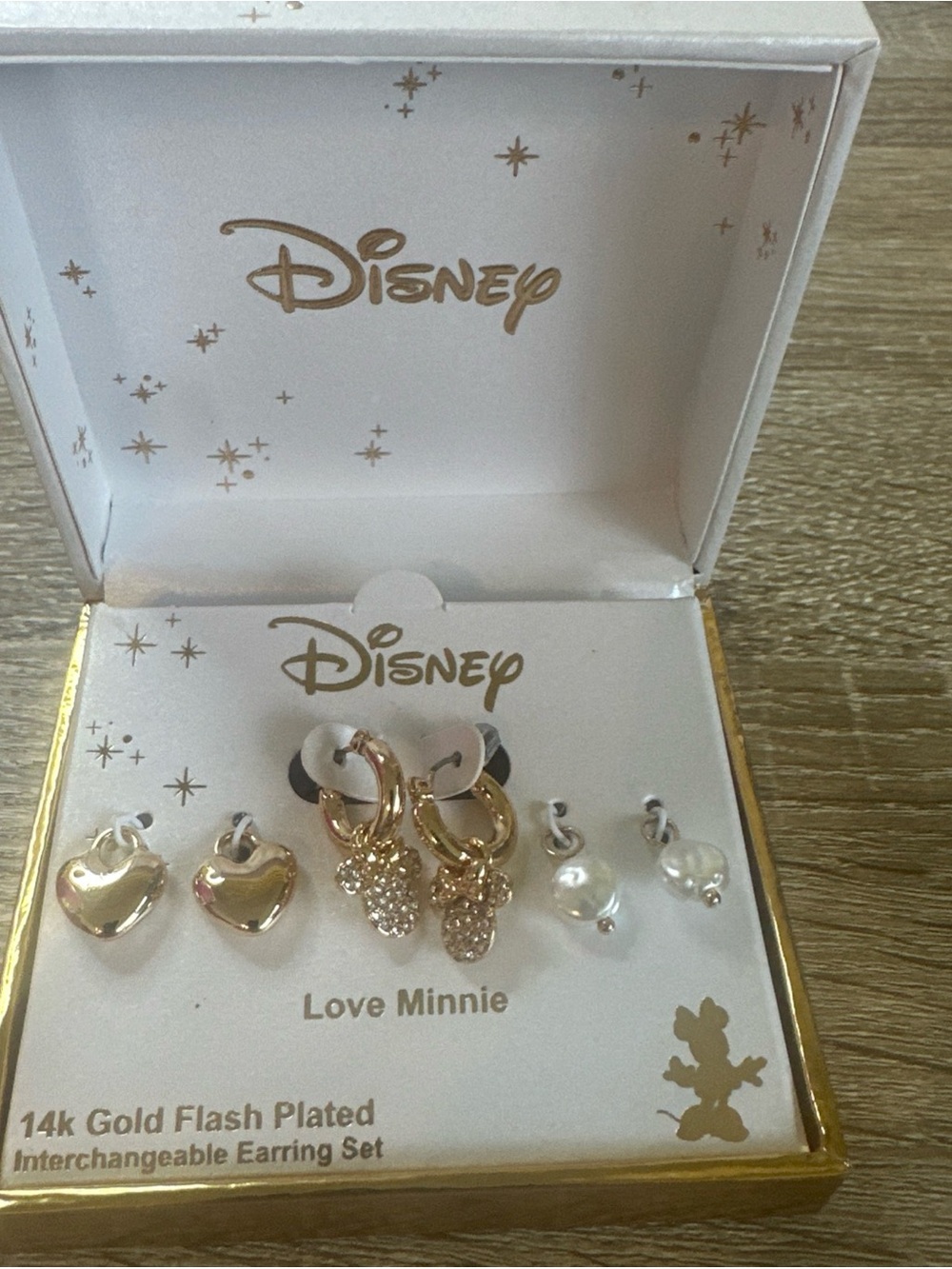 Disney "Love Minnie" earring set interchangeable pairs gold hoops hearts.new